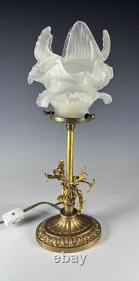 RARE Louis XVI NOUVEAU MCM bronze table lamp with a flower shaped glass shade