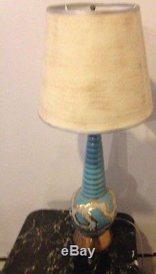 RARE! MID CENTURY MODERN BLUE GLAZED ATOMIC LAMP & shade Eames 50s 60s Vtg Table
