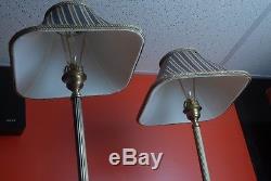 RARE! Pair of Vintage Frederick Cooper Brass Candlestick Table Lamps with Shades