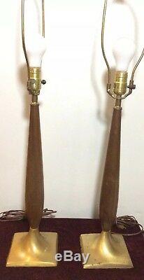 RARE Pair of Vintage Mid Century Modern Wood Brass Lamps 1960s without shade