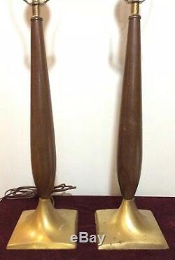 RARE Pair of Vintage Mid Century Modern Wood Brass Lamps 1960s without shade