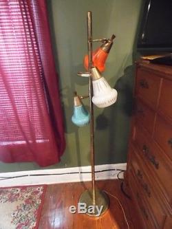 RARE VINTAGE MID CENTURY MOD RETRO POLE FLOOR LAMP ORANGE TURQUISE WHITE SHADES