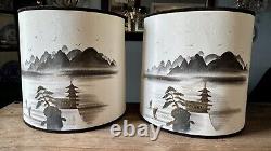 RARE! Vintage 50's Round 17 X 17.5 Silk Japanese Asian Hand Painted Lampshades