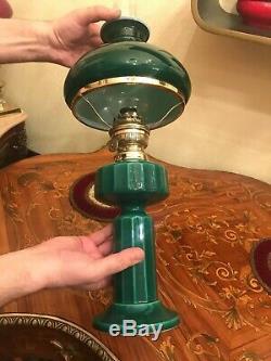 RARE Vintage Ceramic Porcelain Kerosene Oil Lamp BEAUTIFUL Green Glass Shade
