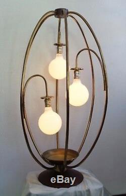 RARE Vintage Mid Century Modern Brass & Teak Wood 3 Arm / 3 Feet Tall Table Lamp