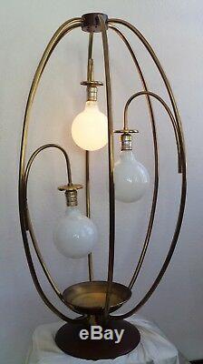 RARE Vintage Mid Century Modern Brass & Teak Wood 3 Arm / 3 Feet Tall Table Lamp