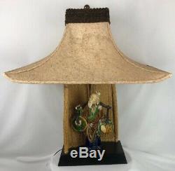 RARE Vintage Oriental MUD MAN lucky Coin Figurine Lamp With Pagoda Lamp Shade