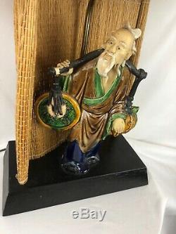RARE Vintage Oriental MUD MAN lucky Coin Figurine Lamp With Pagoda Lamp Shade