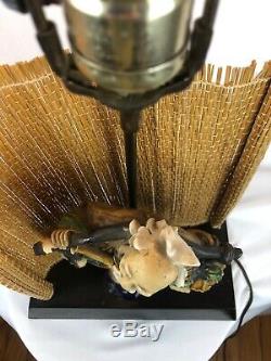 RARE Vintage Oriental MUD MAN lucky Coin Figurine Lamp With Pagoda Lamp Shade
