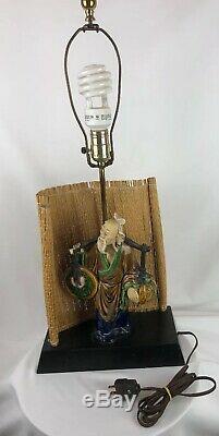 RARE Vintage Oriental MUD MAN lucky Coin Figurine Lamp With Pagoda Lamp Shade