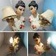 Rare Vintage Pair Oriental Lady Lamps & Ribbon Shades 1950s Tretchikoff Era Mcm