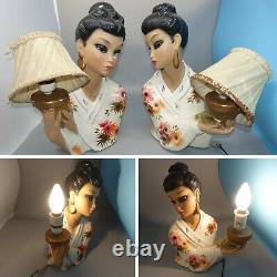 RARE Vintage Pair Oriental Lady Lamps & Ribbon Shades 1950s Tretchikoff Era MCM