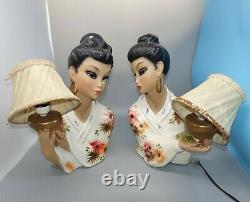 RARE Vintage Pair Oriental Lady Lamps & Ribbon Shades 1950s Tretchikoff Era MCM