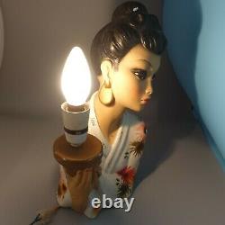 RARE Vintage Pair Oriental Lady Lamps & Ribbon Shades 1950s Tretchikoff Era MCM