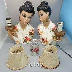 RARE Vintage Pair Oriental Lady Lamps & Ribbon Shades 1950s Tretchikoff Era MCM