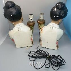 RARE Vintage Pair Oriental Lady Lamps & Ribbon Shades 1950s Tretchikoff Era MCM