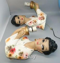 RARE Vintage Pair Oriental Lady Lamps & Ribbon Shades 1950s Tretchikoff Era MCM