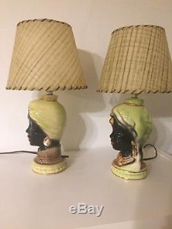 RARE Vtg Pair Of Blackamoor Mid Century native Turban lamps with Shades regency