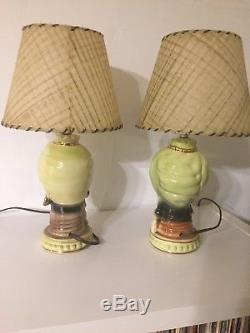 RARE Vtg Pair Of Blackamoor Mid Century native Turban lamps with Shades regency
