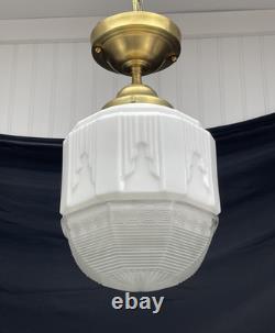RESTORED Antique Vtg Art Deco Ceiling Light Skyscraper Schoolhouse White & Clear