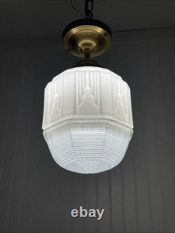 RESTORED Antique Vtg Art Deco Ceiling Light Skyscraper Schoolhouse White & Clear RESTORED Antique Vtg Art Deco Ceiling Light Skyscraper Schoolhouse White & Clear