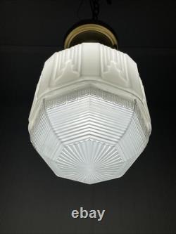 RESTORED Antique Vtg Art Deco Ceiling Light Skyscraper Schoolhouse White & Clear