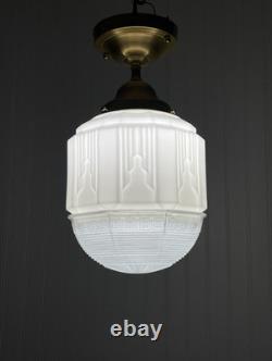 RESTORED Antique Vtg Art Deco Ceiling Light Skyscraper Schoolhouse White & Clear