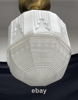 RESTORED Antique Vtg Art Deco Ceiling Light Skyscraper Schoolhouse White & Clear