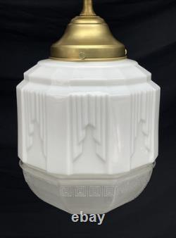 RESTORED Antique Vtg Art Deco Ceiling Light Skyscraper Schoolhouse White & Clear