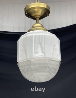 RESTORED Antique Vtg Art Deco Ceiling Light Skyscraper Schoolhouse White & Clear