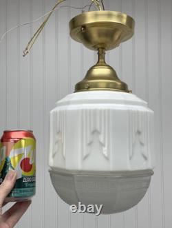 RESTORED Antique Vtg Art Deco Ceiling Light Skyscraper Schoolhouse White & Clear