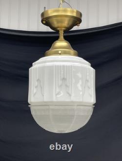 RESTORED Antique Vtg Art Deco Ceiling Light Skyscraper Schoolhouse White & Clear