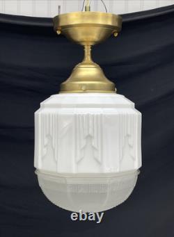 RESTORED Antique Vtg Art Deco Ceiling Light Skyscraper Schoolhouse White & Clear