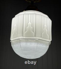RESTORED Antique Vtg Art Deco Ceiling Light Skyscraper Schoolhouse White & Clear