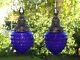 Restored Vintage Purple Glass Shades & Antique Brass Hanging Swag Lamp Lights