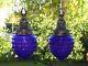 Restored Vintage Purple Glass Shades & Antique Brass Hanging Swag Lamp Lights