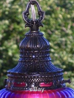 RESTORED Vintage PURPLE Glass Shades & Antique Brass Hanging Swag Lamp Lights