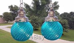 Restored Vintage Turquoise Blue Glass Shades & Nickel Hanging Swag Lamp Lights