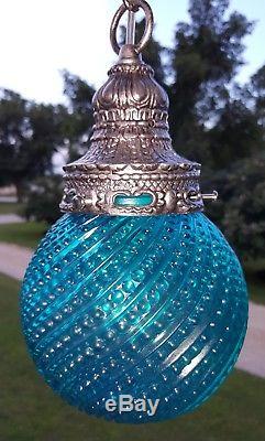 RESTORED Vintage Turquoise Blue Glass Shades & Nickel Hanging Swag Lamp Lights