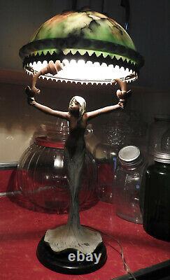 Rare Beautiful Antique Art Nouveau Figural Nude Lady Lamp with Marble Shade! Works