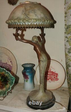 Rare Beautiful Antique Art Nouveau Figural Nude Lady Lamp with Marble Shade! Works