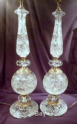 Rare Large Pair Vintage Cut Crystal Hollywood Regency Lamps, Tiered, with Shades