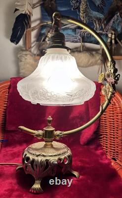Rare VINTAGE brass table ARC LAMP FROSTED SHADE with ceramic flowers