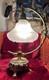Rare Vintage Brass Table Arc Lamp Frosted Shade With Ceramic Flowers