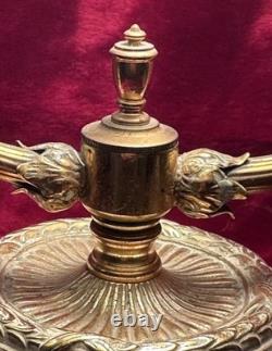 Rare VINTAGE brass table ARC LAMP FROSTED SHADE with ceramic flowers