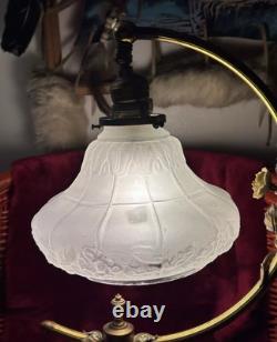 Rare VINTAGE brass table ARC LAMP FROSTED SHADE with ceramic flowers