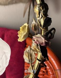 Rare VINTAGE brass table ARC LAMP FROSTED SHADE with ceramic flowers