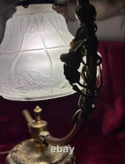 Rare VINTAGE brass table ARC LAMP FROSTED SHADE with ceramic flowers