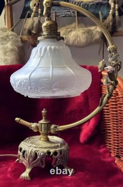 Rare VINTAGE brass table ARC LAMP FROSTED SHADE with ceramic flowers