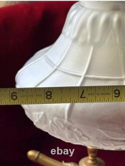 Rare VINTAGE brass table ARC LAMP FROSTED SHADE with ceramic flowers